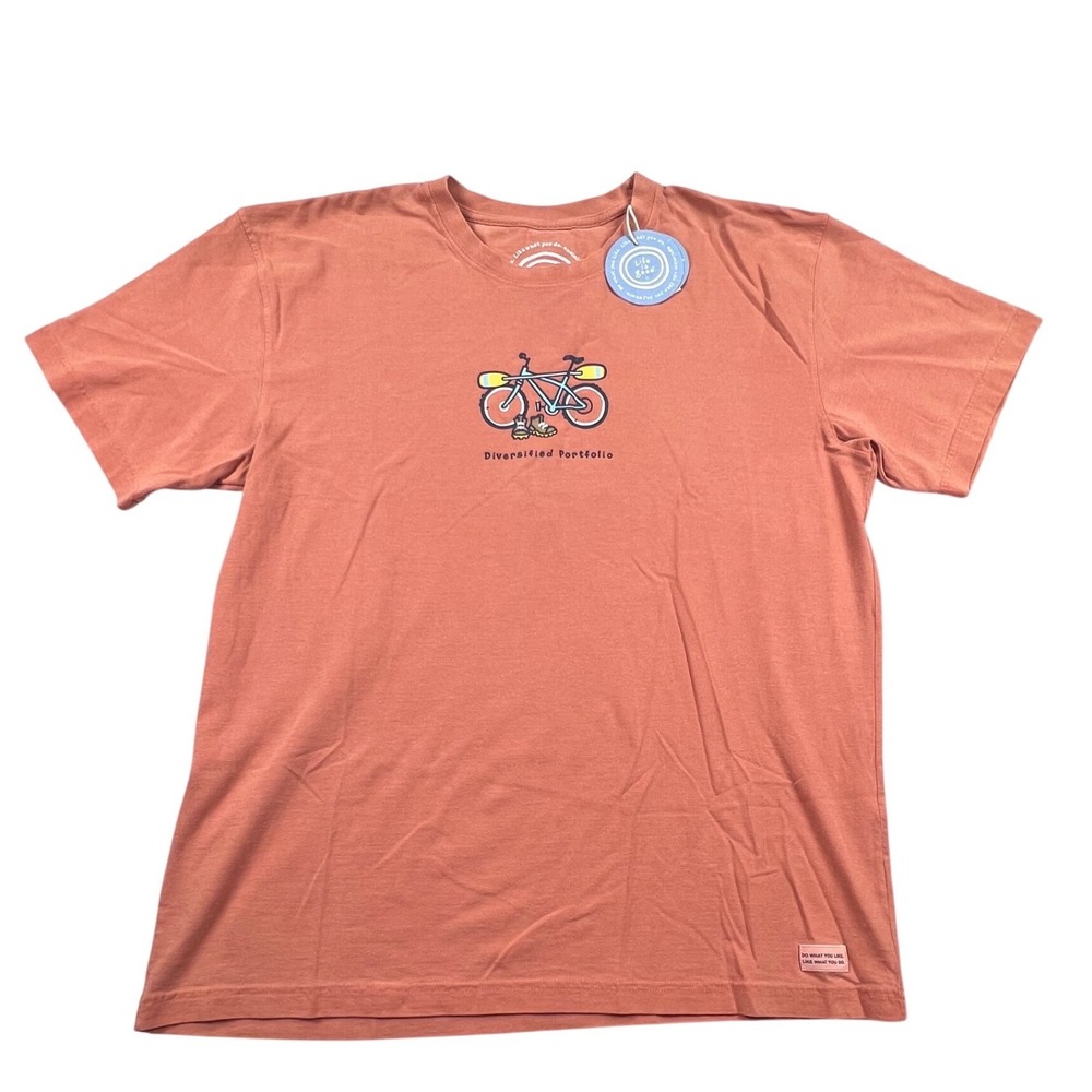 Life is Good T-Shirt Mens Medium Orange Diversified Portfolio Bike Kayak NWT